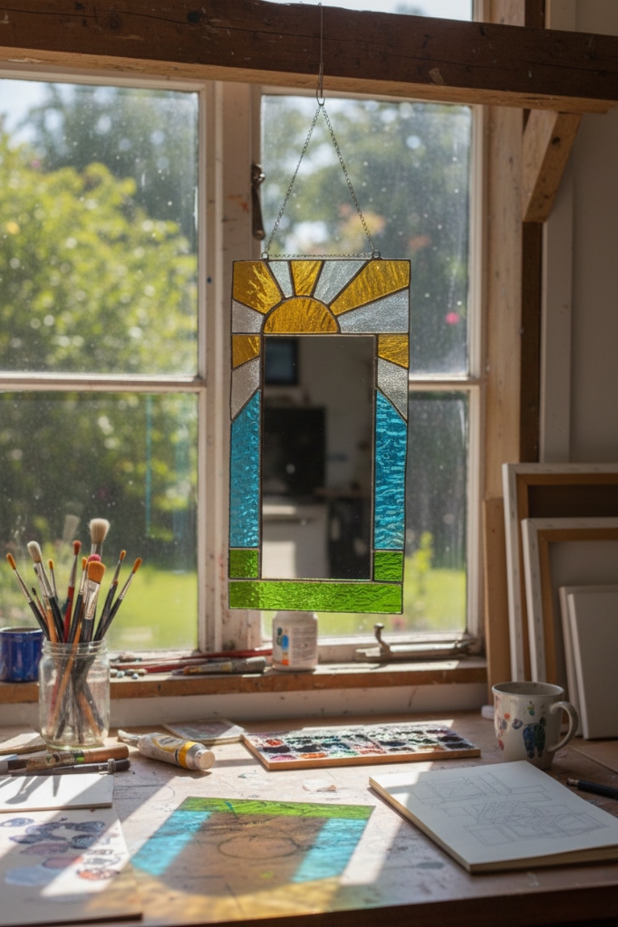 Pencere Önünde Asılı Güneş Motifli Vitray Ayna